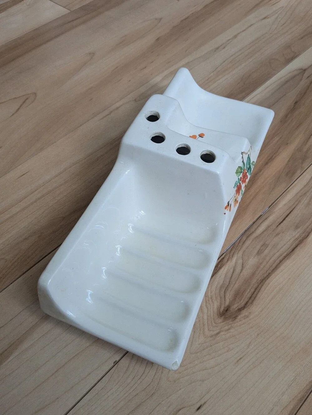 Vintrex Ceramic 1940s Soap Toothbrush Caddy Ivory Floral Rare Bath Fixture